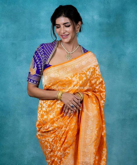 Simple Blouses, Blouse Necklines, Orange Saree, Fashionable Saree Blouse Designs, Latest Designer Sarees, Banarasi Silk Saree, Silk Saree Blouse, Kurta Designs Women, Low Bun