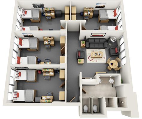 Dorm Layout, Royal Bedroom Design, Dorm Room Layouts, Hostels Design, Hostel Room, 3d Architectural Rendering, Small House Layout, Architectural Rendering, House Floor Design