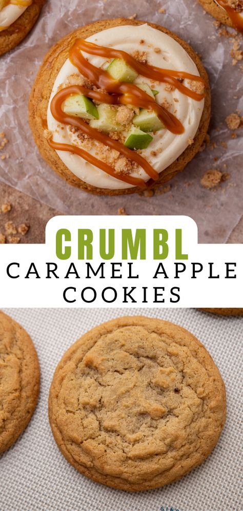 Caramel Cream Cheese Frosting, Crumbl Copycat, Apple Cookies Recipes, Crumble Cookie Recipe, Caramel Apple Cookies, Lifestyle Of A Foodie, Baking Challenge, Apple Cookie, Crumble Cookie