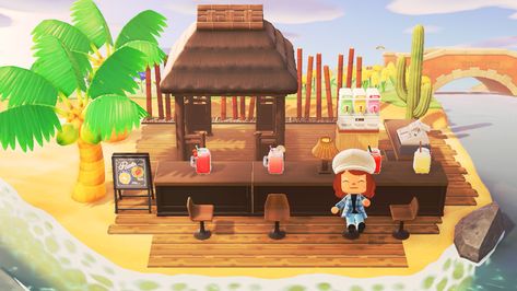 ACNH Tiki Bar inspo Acnh Beach Tiki Bar, Acnh Bohemian Island, Acnh Juice Bar Ideas, Acnh Beach Bar Design, Animal Crossing Tiki Bar Ideas, Acnh Beach Bar Ideas, Acnh Bar Ideas, Acnh Tiki Bar Design Code, Acnh Sushi Bar