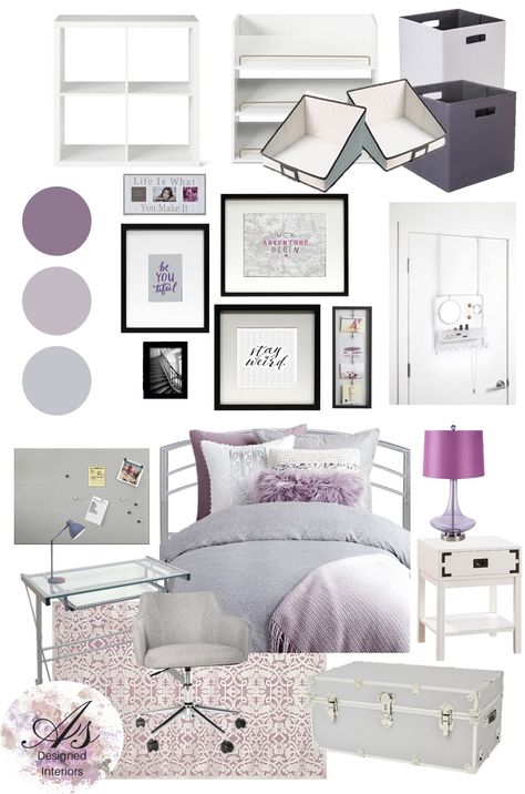 Back to School on this Moodboard Monday It is that time of year again, the kids heading back to school. Here is a college dorm idea. It is light and bright, a little glam, and ultra feminine. Great… Lavender And Grey Dorm Room Ideas, Bedroom Ideas Lavender And Grey, Grey And Purple Dorm Room, Light Purple And Grey Bedroom Ideas, Cream And Lavender Bedroom, Purple And Gray Dorm Room Ideas, Purple And Grey Bedroom Ideas For Women, Purple And Grey Dorm Room Ideas, Lilac Dorm Room Ideas