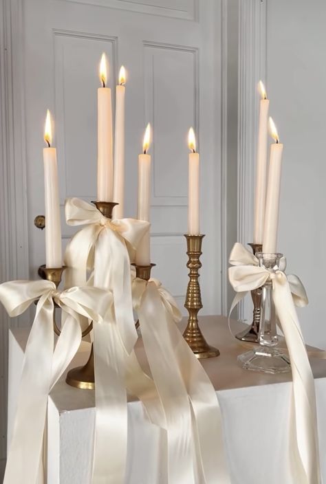 Candles With Ribbon, Bows On Candlesticks, Candlesticks With Bows, Bows On Candles, Candle Sticks With Bows, Candles With Bows, Bow Candle Holder, Candle Ribbon, Pearl Candle