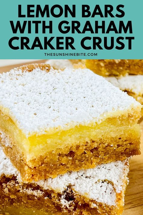 These Lemon Bars with Graham Cracker Crust will brighten your day with their zesty charm! The buttery graham cracker crust has a crunchy base, while the lemon filling has a burst of refreshing flavor. There's simple preparation and minimal ingredients. Lemon And Graham Cracker Dessert, Easy Lemon Bars With Graham Cracker Crust, Lemon Bars Graham Cracker Crust, Lemon Squares With Graham Cracker Crust, Lemon Bars With Graham Cracker Crust, Dessert With Graham Crackers, Graham Bars, Bars With Graham Cracker Crust, Cinnamon Graham Cracker Crust