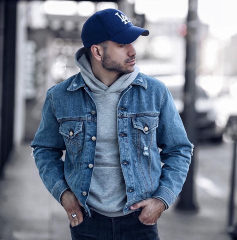 Hey IG fam Im back! Had to disconnect for a few days but it feels really good to be back in LA and on Instagram. Hope youre all having a great weekend! Denim jacket and jeans: @diesel Hoodie: @urbanoutfittersmens Ring: @marcosdeandradeofficial  Hat: @dodgers Men Jean Jacket Outfits, Denim Outfit For Men, Men Denim Outfit, Men Denim Jeans, Alex Costa, Style Of Clothing, Hoodie Outfit Men, Denim Jacket And Jeans, Denim Jacket With Hoodie