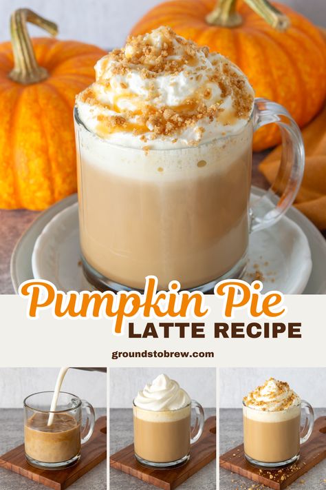 Homemade pumpkin pie latte topped with whipped cream, spiced pie crust crumbles and caramel drizzle. Torani Pumpkin Pie Syrup Recipes, Torani Pumpkin Pie Sauce Recipes, Pumpkin Pie Latte Recipe, Pumpkin Pie Spice Coffee, Pumpkin Coffee Recipe, Homemade Starbucks Recipes, Pumpkin Pie Coffee, Starbucks Copycat Recipes Drinks, Chia Tea