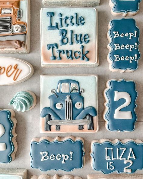 Kid's Birthday Children's book inspired Custom design cookies.  Collage of custom design cookies decorated with inspiration from the children's book Little Blue TruckNorthern Kentucky custom cookies, butter cookies, sugar cookies, little blue truck children's book cookies.  MH Cookie Shoppe #CookiesBringJoy Book Cookies, Design Cookies, Truck Theme Birthday, Little Blue Truck, Lincoln Birthday, Farm Themed Birthday Party, Boys 1st Birthday Party Ideas, Cookies Sugar, Second Birthday Ideas