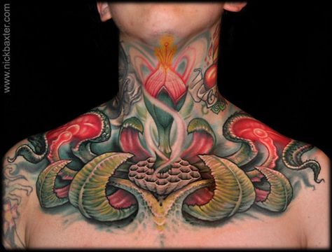 tattooist | ... Tattoos - Full Of Color Neck Tattoos by Nick Baxter The Best Tattooist Flower Neck Tattoo, Throat Tattoo, Biomechanical Tattoo, Latest Tattoos, Awesome Tattoos, Great Tattoos, Tattoo Work, Neck Piece, Tattoos Ideas