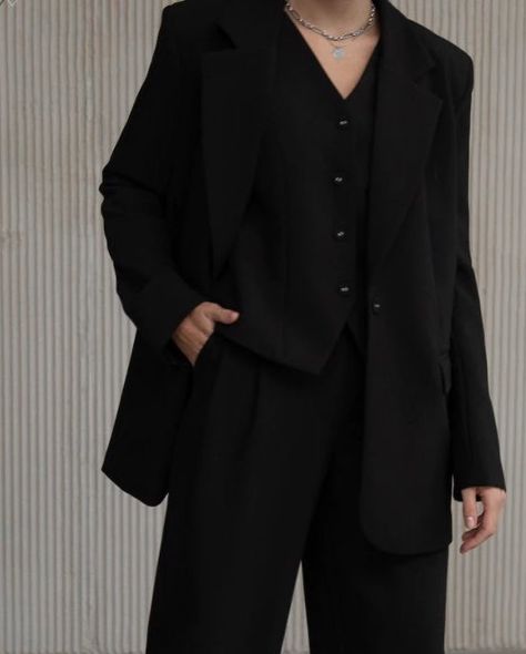 Black Suit Inspo Women, Black On Black Suit Women, Wedding Suit Women Black, Formal Black Attire Women, Suit On Women Aesthetic, Black Suits Women Aesthetic, All Black Womens Suit, Three Piece Suit Aesthetic, Suit With Tie Women