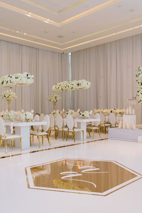 Ashley & Alburt — MUSE Event Co. White Vinyl Dance Floor Wedding, Wedding Halls Designs, Wedding Reception Hall Decorations, Gold And White Wedding Decorations, White Wedding Decor Elegant, Wedding Hall Decor, Wedding Hall Design, Aesthetic Bath, Bath Aesthetic