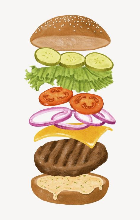 Food Illustration Art Graphics, Hamburger Painting, Food Anatomy, Fast Food Drawing, Burger Painting, Hamburger Drawing, Hamburger Art, Fast Food Illustration, Sweet Burger