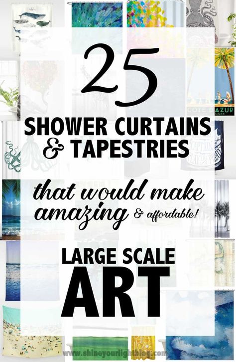 Create large wall art with shower curtains and tapestries. Cheap Giant Wall Art, Using Shower Curtains For Wall Art, Diy Large Wall Art Shower Curtain, Easy Large Artwork Diy, Cheap Picture Wall Ideas, Calendar Wall Art, Framed Shower Curtain Wall Art, Easy Large Wall Art, Diy Large Decor