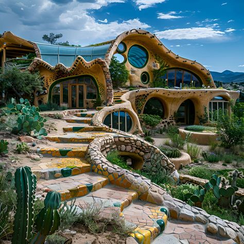 Discover the artistic beauty of this contemporary Earthship home set in a vibrant desert landscape. The house features an organic, flowing design with intricate stone and tile work, large rounded windows, and tiered terraces that blend indoor and outdoor spaces. This eco-friendly residence exemplifies sustainable living, harmonizing modern design with the natural surroundings. Explore the fusion of art and sustainability in this unique Earthship retreat. Earthship Design Architecture, Earth Ships Homes, Earthship Mansion, Sustainable Community Design, Earth Ship House, Earthship Home Cold Climate, Organic Modern Architecture, Eco Mansion, Earth Ship Homes