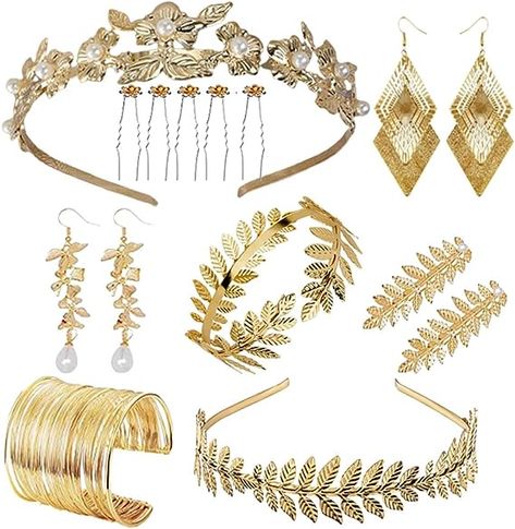 Amazon.com: 12 Pcs Greek Goddess Costume Accessories Set for Women Golden Leaf Pearl Crown Headband Coil Bracelet Pearl leaf Dangle Earrings golden leaf Bridal Hair Comb for Wedding Party Toga Costume Jewelry : Clothing, Shoes & Jewelry Goddess Costume Accessories, Gold Greek Goddess Costume, Gold Leaf Crown Greek, Greek Goddess Hairstyles, Toga Costume, Greek Goddess Hair Gold Leaf Headband, Gold Leaf Headband, Greek Costume, Greek Goddess Costume