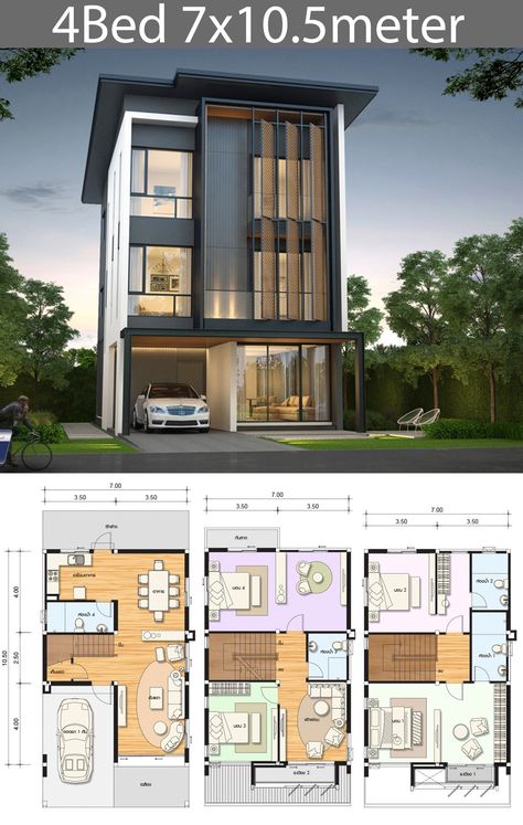 4 Bedroom House Designs, 3 Storey House Design, Detail Arsitektur, Boho Quotes, Narrow House Plans, Pelan Rumah, Eksterior Modern, Modern House Floor Plans, Duplex House Plans