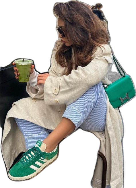 Outfits With Green Shoes, What Goes With Green, Green Adidas Gazelle, Green Hermes, Green Bag Outfit, Green Shoes Outfit, All Green Outfit, Adidas Gazelle Outfit, Hermes Constance Bag