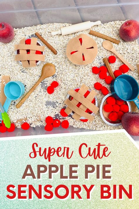 apple sensory bin - kids will love making their own cute pies!  Felt pies, pom poms, scoops, and oats shown in a sensory table Easy Fall Sensory Bin, Pumpkin Pie Sensory Bin, Fall Sensory Table, Cute Apple Pie, Apple Sensory Bin, Pie Sensory Bin, Sensory Bin For Preschoolers, Apple Sensory, Preschool Apple Theme