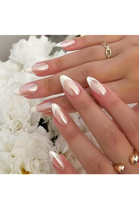 YOSOMK French Tip Press on Nails Almond Medium Fake Nails with Chrome Designs Glossy Nude False Nails Mirror Glue on Acrylic Nails for Women Ongles Rose Pastel, Nail Tip Designs, Nail Salon Design, Nude Nail Designs, Almond Shape Nails, French Tip Acrylic Nails, Nagel Inspo, Stick On Nails, Bridal Nails