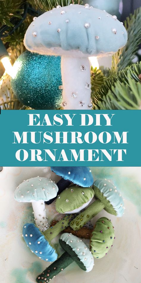 DIY mushroom Christmas tree ornaments made with a felt base and velvet top, decorated with beads. Mushrooms Diy Decoration, Mushroom Christmas Decorations Diy, Diy Velvet Mushroom Ornaments, Fabric Mushroom Ornaments, Mushroom Tree Ornaments, Making Felt Ornaments, Diy Fabric Mushrooms Free Pattern, Stuffed Christmas Ornaments, Beaded Felt Ornaments Diy