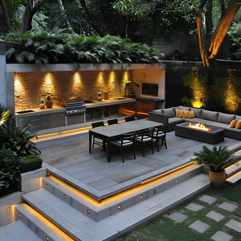 Built In Fire Pit Seating, Terrace Sitting Area, Outdoor Entertaining Area Pool, Modern Terrace Design, Barbecue Backyard, Cozy Fire Pit, Modern Terrace, Steel Decor, Concrete Outdoor Kitchen