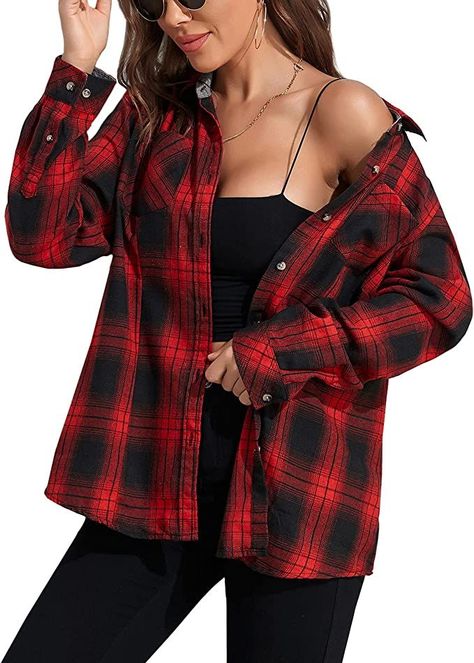 [Sponsored] Amazon.Com: Marzxin Plaid Flannel Shirt For Women Oversized Long Sleeve Button Down Shirts Casual Loose Blouse Tops Black Red Plaid L : Clothing, Shoes And Jewelry #plaidoutfitsforwomenflannels Red Plaid Outfits For Women, Red Flannel Shirt Outfit, Red Flannel Outfit, Red Plaid Outfit, Flannel Shirt Outfit, Red Flannel Shirt, Flannel Blouse, Red And Black Shirt, Black Plaid Shirt