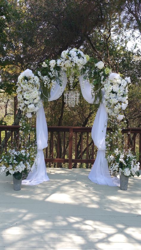 The finished all-white arch assembly on the day of the wedding. Beautiful in the morning light. Took about 2.5 hours to put it all together for the 2 of us. She said it reminded her of a mid-summer night's dream. #weddingarch #weddingdecorations Mid Summer Nights Dream Wedding, Mid Summer Nights Dream, Realistic Wedding, White Arch, Arch Decoration Wedding, Enchanted Wedding, Mid Summer, Commitment Ceremony, Reception Decor