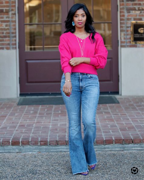 Pink Peplum Top Outfit, Jeans With Pink Top, Hot Pink Cardigan Outfit, Hot Pink Top Outfit, Leather Jacket Outfit Spring, Pink Blouses Outfit, White Jeans Outfit Summer, Pink Jeans Outfit, Dark Blue Jeans Outfit