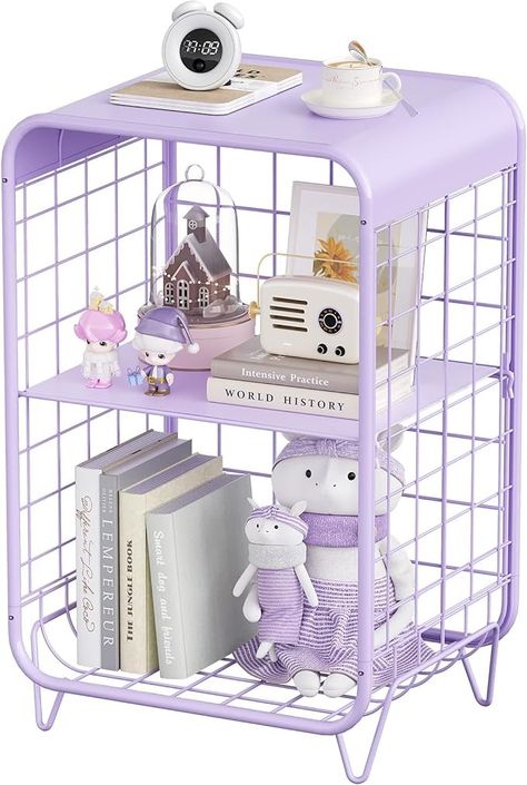 Amazon.com: SYKIARIOL Metal Side Table,Cute Nightstand,3 Tier End Table with Storage,Vintage Bedside Table,Girls Bedroom Furniture,Accent Table,Small Coffee Table for Living Room,Bedroom,Dorm,Green : Home & Kitchen Table Decor For Bedroom, Purple Preppy Room Ideas, White Room With Purple Accents, Pink And Purple Office Aesthetic, Small Bedroom Ideas Purple, Room Inspo Aesthetic Purple, Purple Aesthetic Decor, Room Decor Bedroom Purple, Purple And White Room