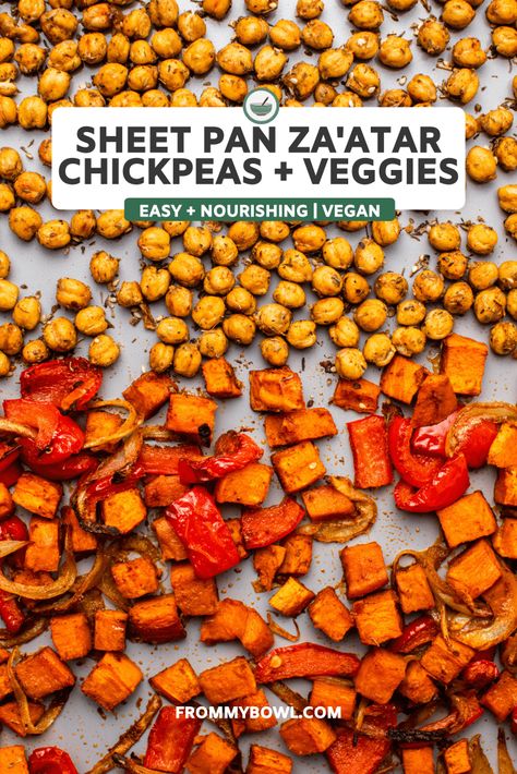 These Sheet Pan Za'atar Chickpeas with Sweet Potatoes combine crispy chickpeas, tender veggies, and creamy sweet potatoes with a herby Middle Eastern spice blend. Vegan & Gluten-Free. Oms Recipes, Easy Baba Ganoush Recipe, Falafel Recipe Easy, Babaganoush Recipe, Lunch Bowls, Tagine Recipes, Crispy Chickpeas, Za Atar, Gluten Free Vegan Recipes