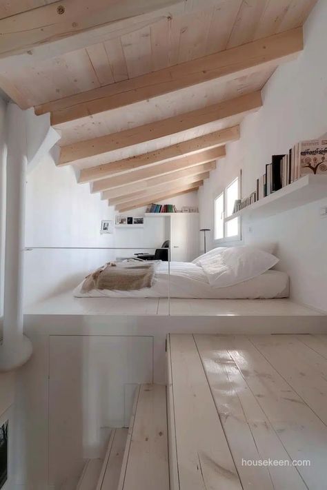 Building Styles, Loft Layout, Tiny Loft, Swedish Cottage, Floating Bookshelves, Small Wooden House, Attic Bedrooms, Sleeping Loft, Wooden Houses