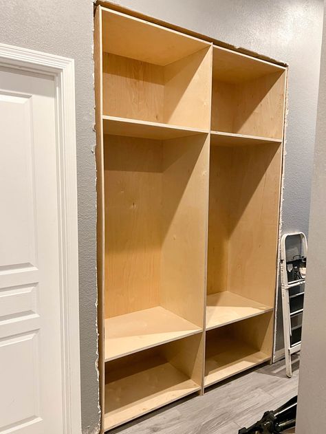 Diy Full Wall Storage Cabinets, How To Build A Hall Closet, Hallway Cabinet Door Ideas, Built Ins Closet Diy, Built In Hall Closet Ideas, Closet Into Built In Cabinet, How To Build Built In Closet, Closet Wall Built In, Linen Cabinet Diy