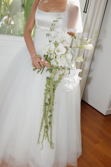 Loved creating this special cascading bouquet with orchids, roses, calla lilies, hydreageas and hanging green amaranthus for my chic bride.  photography: Brittanee Taylor White Lily And Orchid Bouquet, Calla Lily Wedding Ceremony, Orchid Waterfall Bouquet, Orchid And Calla Lily Bouquet, Orchid And Lily Bouquet, Bouquet Wedding Cascade, How To Make A Cascading Bridal Bouquet, Lily And Orchid Bouquet, Waterfall Bouquet Wedding