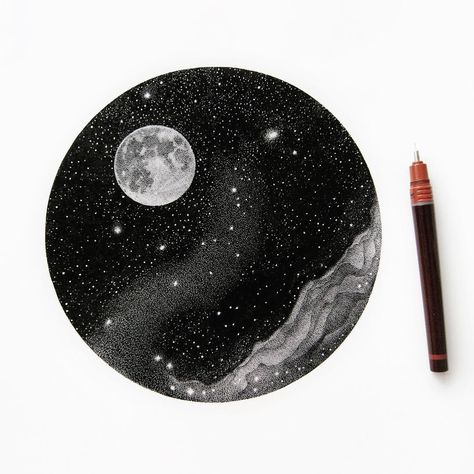 Dotted Galactic Black and White Illustrations by Petra Kostova | The Creative Blog Sunflower Stippling, Star Sky Tattoo, Night Sky Tattoo, Night Sky Tattoos, Image Tattoo, Pointillism Tattoo, Stippling Drawing, Sky Tattoos, Whimsical Art Paintings