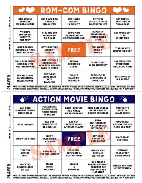 TV Bingo Romantic Comedy and Action Movie Bingo Cards for Indoor Family Fun Bingo Movie, Movie Bingo, Summer Bingo, Free Bingo Cards, Bingo Sheets, Bingo Template, Indoor Family, Bingo Card, Romantic Girl