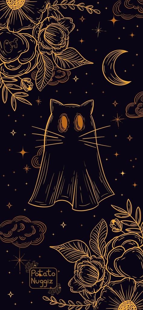 Cat Halloween Wallpaper Iphone, Celestial Halloween Wallpaper, Fall Black Cat Wallpaper, Spooky Art Wallpaper, Cute Animal Phone Wallpaper, Cute Ghost Phone Wallpaper, Art Phone Backgrounds, Different Wallpapers For Phone, Spooky Computer Wallpaper