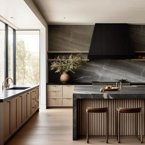 Champagne Trough Island, Dark Kitchen With Gold Hardware, Textured Wood Kitchen Cabinets, Modern Barndominium Kitchen, Mountain House Kitchen Modern, California Farmhouse Kitchen, Lindye Galloway Kitchen, Pill Shaped Island, Rambler Interior Design