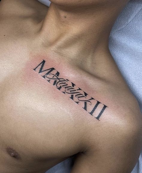 My Man Tattoo, Men Tattoo Writing, Small Tattoos For Men On Chest, Men Tattoos For Girlfriend, Cute Name Tattoos For Women Chest, Wife Name Tattoos For Men, Tattoos With Names In Them For Men, Date On Chest Tattoo, Tattoo Names For Men