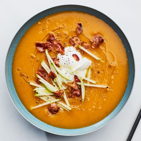 Butternut Squash Soup With Apples and Bacon Recipe | Epicurious Apple Soup Recipes, Best Butternut Squash Recipe, Squash Apple Soup, Butternut Squash Apple Soup, Fall Friday, Butternut Squash Apple, Paleo Recipies, Thanksgiving 2022, Light Soups