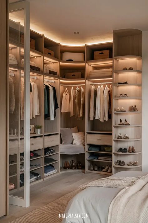 A well-organized walk-in closet with neatly arranged clothes and shoes on wooden shelves and racks. 6x7 Closet Layout, Small Walk In Closet Design Space Saving, Simple Closet Designs, Small Bedroom With Wardrobe, Narrow Walk In Closet Measurements, Narrow Walk In Closet Dimensions, Small Walk In Closet Deminsions, Dark Wood Closet Walk In, Simple Closet Design