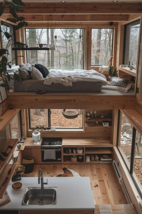 kinfolklore Tiny House Cabin Interior, Small Loft House Design, Tiny Cabins Interiors, Tiny Cabin Plans, Modern Cabin Interior, Loft Cabin, Glass House Design, Loft House Design, Cabin Tiny House