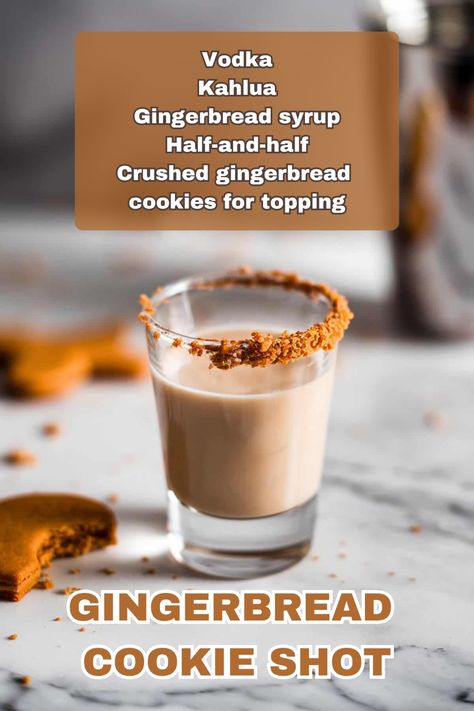 A festive Gingerbread Cookie Shot garnished with cinnamon and a mini gingerbread cookie. Gingerbread Shots Recipe, Holiday Shot Recipes, Apple Pie Shots, Holiday Shots, Cinnamon Schnapps, Cookie Shot, Cookie Shots, Spicy Cocktail, Dessert Shots