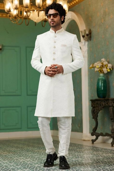 Off White Jacquard Silk Indo Western Outfit - TEW28201R Indian Wedding Sherwani, Jodhpuri Sherwani, Indo Western For Men, Indowestern Sherwani, Groom Sherwani, Off White Designer, Mens Sherwani, Wedding Sherwani, Anniversary Gift For Him