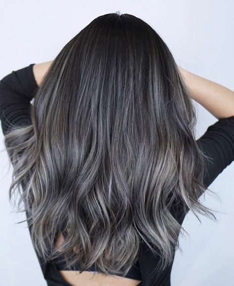 Brunette And Silver Balayage, Grey Balyage Short Hair, Dark Ash Gray Balayage, Black Gray Balayage, Silvery Ash Brown Hair, Ashy Gray Balayage, Modern Ombre Hair, Ash Gray Balayage On Dark Hair, Black Hair With Silver Balayage