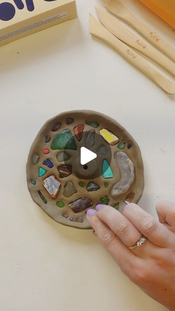 Pott'd on Instagram: "Using sea glass to level up this air dry clay incense holder!🐚🫧🌊🧿🪞🪩  Send this to someone who needs inspo for what to do with their sea glass collection👀🐚  #airdryclay #potteryathome #pottery #diycrafts #craftideas #giftideas #diygifts #clayinspo #oddlysatisfying #satisfying" Clay Glasses Holder Diy, Clay Air Dry Ideas, Diy Clay Incense Holder, Dry Clay Incense Holder, What To Do With Clay, Air Dry Clay Incense, Incense Holder Clay Diy, Self Drying Clay, Air Dry Clay Incense Holder