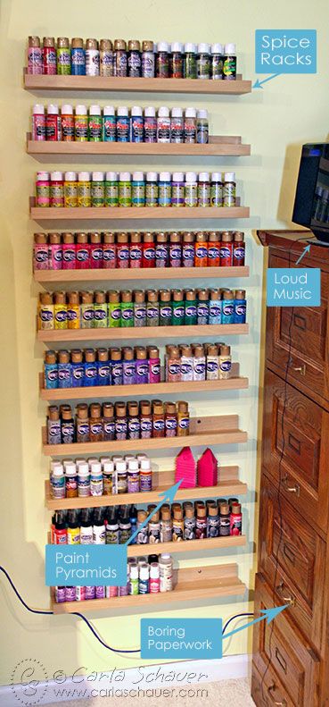 Acrylic paint storage using spice racks-Carla Schauer Design Studio Acrylic Paint Storage, Rangement Art, Dream Craft Room, Craft Room Design, Spice Racks, Paint Storage, Ideas Para Organizar, Studio Organization, Scrapbook Room