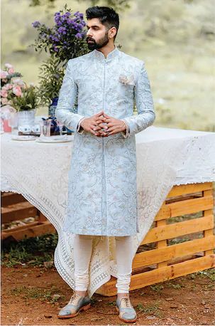 Men Wedding Dresses Indian, Pastel Sherwani, Engagement Dress For Groom, Marriage Clothes, India Fashion Men, Indian Wedding Suits Men, Indian Groom Dress, Indian Wedding Clothes For Men, Blue Sherwani