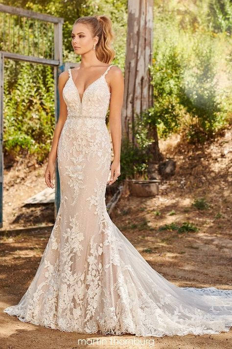 Champagne Color Wedding, December Wedding Dresses, Champagne Wedding Colors, Martin Thornburg, Plum Dress, Wedding Dress Champagne, Bridal Gowns Mermaid, Fit And Flare Wedding Dress, Color Wedding