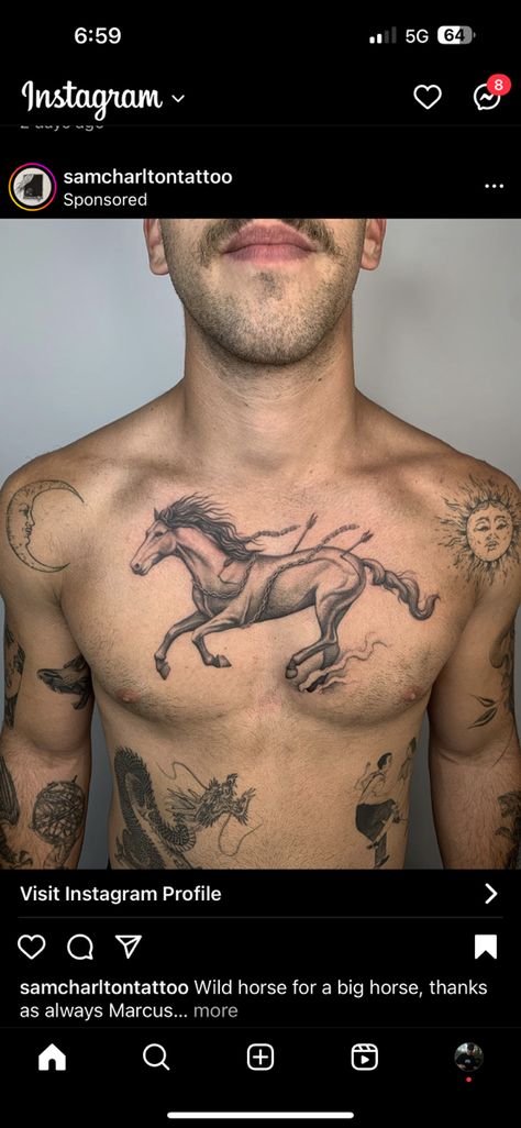 Chest Stomach Tattoo Men, Wild Horse Tattoo, Horse Tattoo For Men, Mens Stomach Tattoo, Horse Tattoo Design, Big Horses, Back Tattoos For Guys, Stomach Tattoos, Horse Tattoo