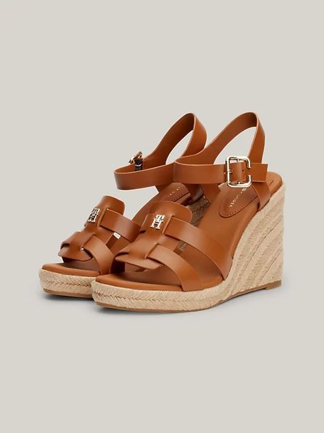 Leather High Wedge Cage Espadrille Sandals | Brown | Tommy Hilfiger Tommy Hilfiger Leather Sandals With Round Toe, Tommy Hilfiger Open Toe Wedge Sandals For Spring, Tommy Hilfiger Summer Heels, Tommy Hilfiger Open Toe Wedge Sandals For Beach, Tommy Hilfiger Wedge Heel Sandals For Beach, High Wedges, Sandals Brown, Tommy Hilfiger Women, Espadrille Sandals