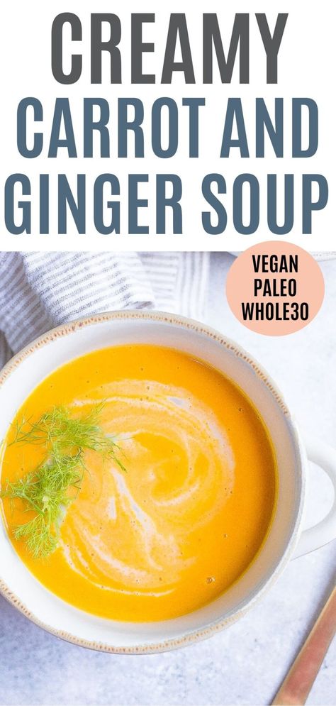 Creamy Carrot and Ginger Soup (Dairy-Free) - Wholesomelicious Aip Vegetable Soup, Aip Soup Recipes, Aip Soup, Carrot And Ginger Soup, Carrot Ginger Soup Recipe, Paleo Entrees, Soup Paleo, Carrot Ginger Soup, Ginger Soup