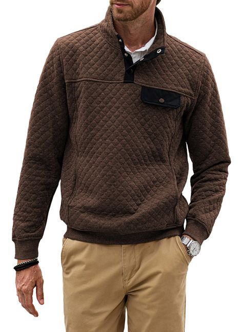 PRICES MAY VARY. Material: Men's Long Sleeve Crewneck Quilted Sweatshirt, Lightweight Warm Fabric, Great for Fall and Winter. Unique design: Long sleeve, V neck, quilted, stand collar, contrast on collar, contrast color, snap button closure. Occasion: This fashion sweater jackets will give you all go the comfy and warm feels! Great for daily, casual wear, home, work, job, school, sports, running, hang out, shopping, party, holiday, travel, fashion street look,etc. Matching: Easy to pair with boo Shop For Men Over 60, Sweater Jackets, Patchwork Sweatshirt, Quilted Sweatshirt, Long Sleeve Pullover Sweater, Beige Sweater, Vintage Sweatshirt, Casual Sweatshirt, Trendy Tops